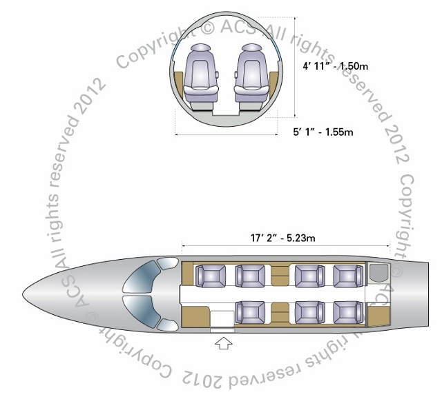 Embraer Phenom 300 cabin floor plan — Jon Sumrall's private jet interior layout