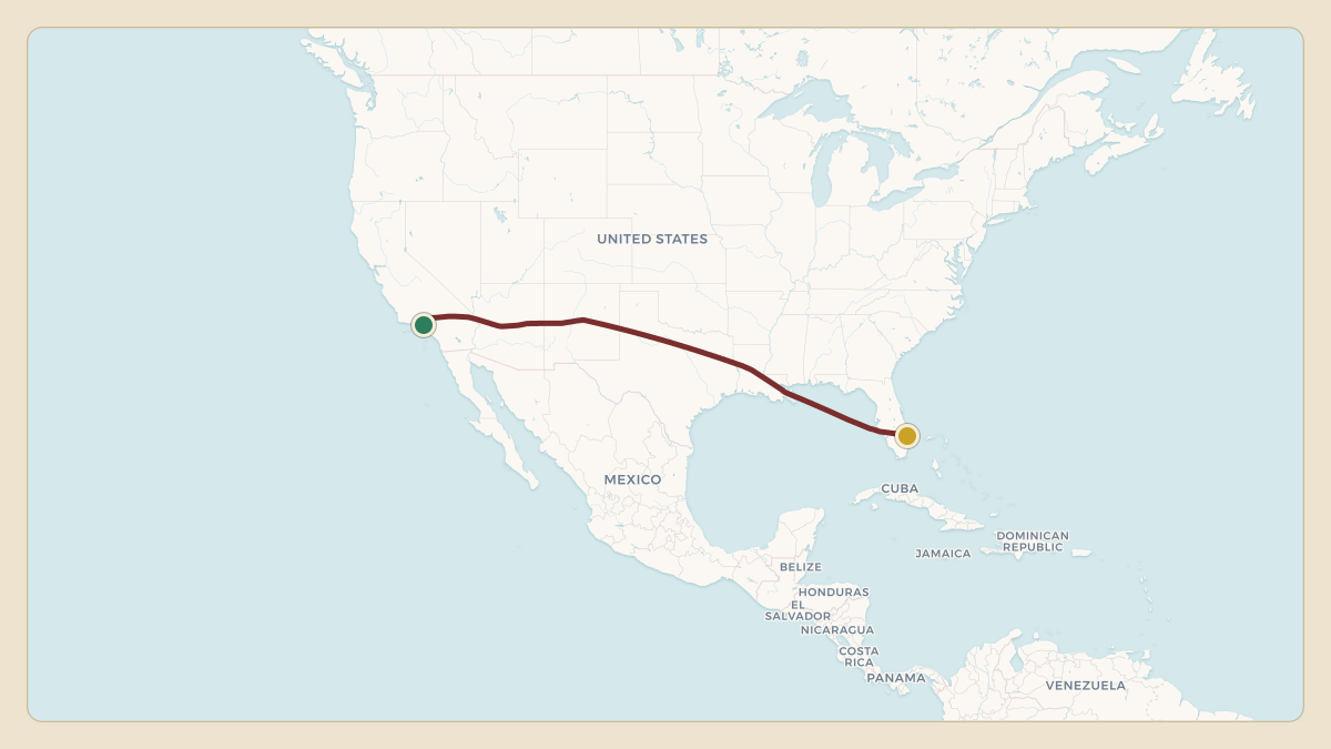 Flight path for Goldman Sachs's N280WS from KVNY — Van Nuys Airport to KPBI — Palm Beach International Airport