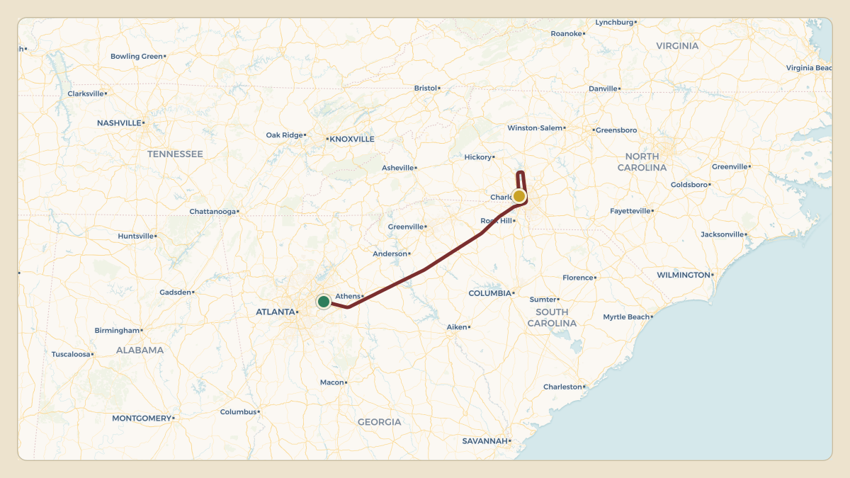 Flight path for Truist Financial's N405T from KVPC — Cartersville Airport to KCLT — Charlotte Douglas International Airport