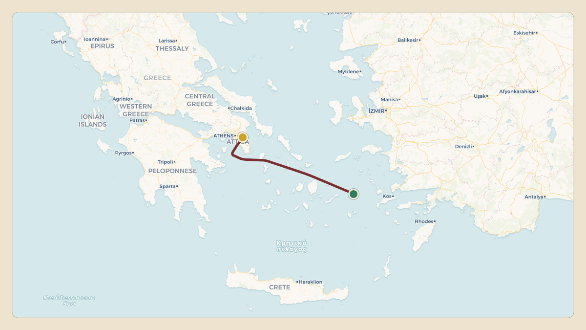 Flight path for Paris Hilton's N11PH from LGKO — Kos International Airport "Ippokratis" to LGAV — Athens Eleftherios Venizelos International Airport