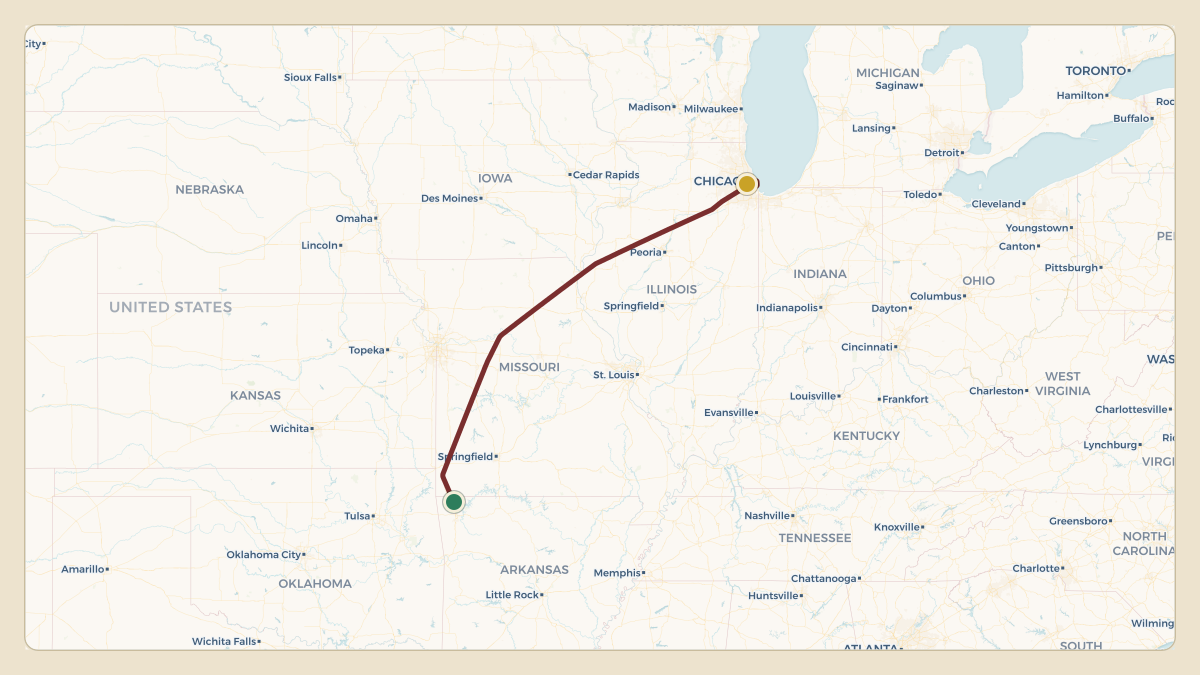 Flight path for Walmart's N383PA from KASG — Springdale Municipal Airport to KMDW — Chicago Midway International Airport