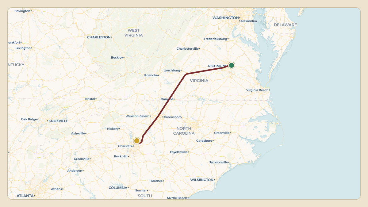 Flight path for Denny Hamlin's N400DH from KRIC — Richmond International Airport to KJQF — Concord-Padgett Regional Airport