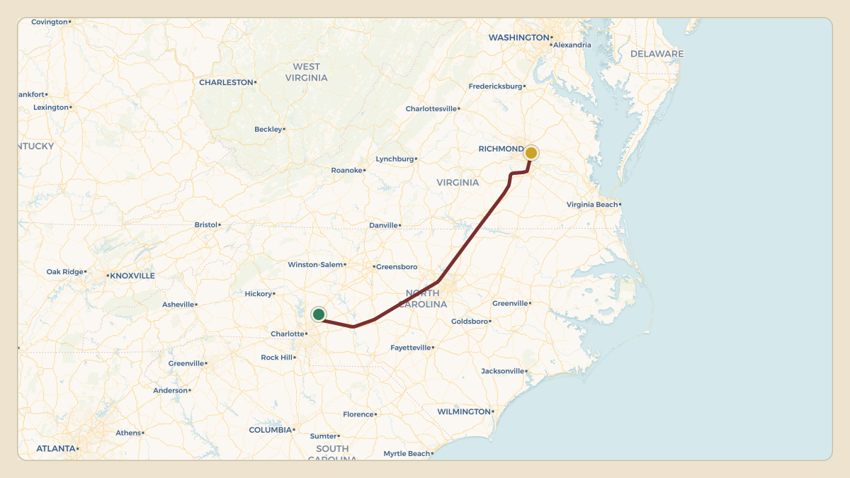 Flight path for Joe Gibbs Racing's N520JG from KJQF — Concord-Padgett Regional Airport to KRIC — Richmond International Airport