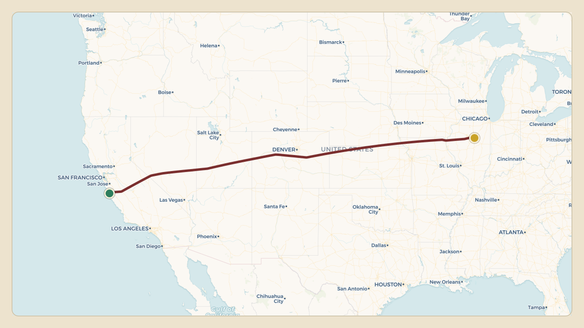 Flight path for State Farm's N44SF from KMRY — Monterey Regional Airport to KBMI — Central Illinois Regional Airport at Bloomington-Normal