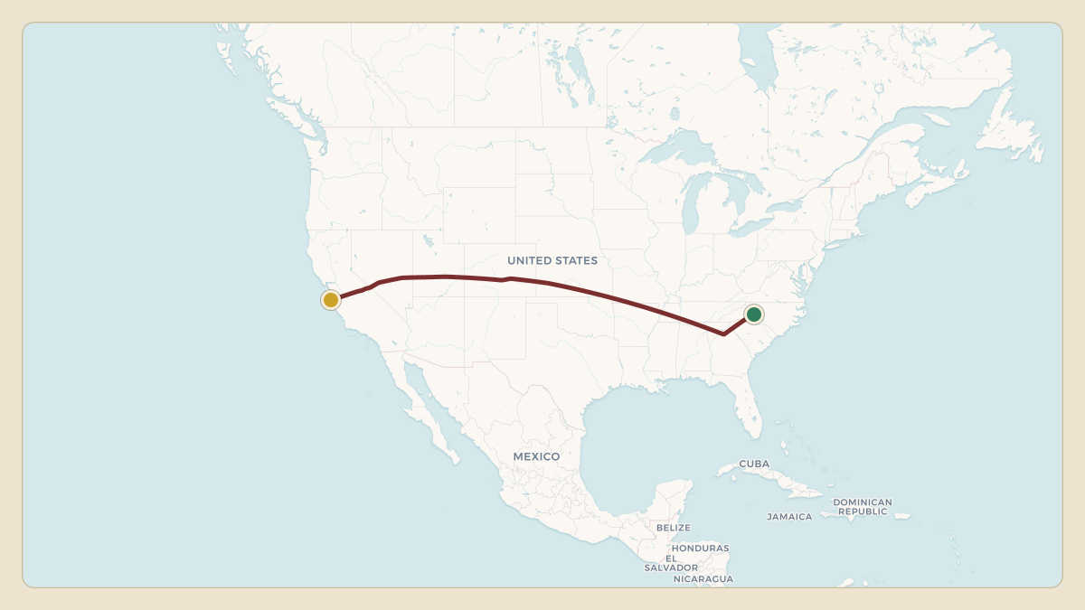 Flight path for Rick Hendrick's N1RH from KJQF — Concord-Padgett Regional Airport to KMRY — Monterey Regional Airport