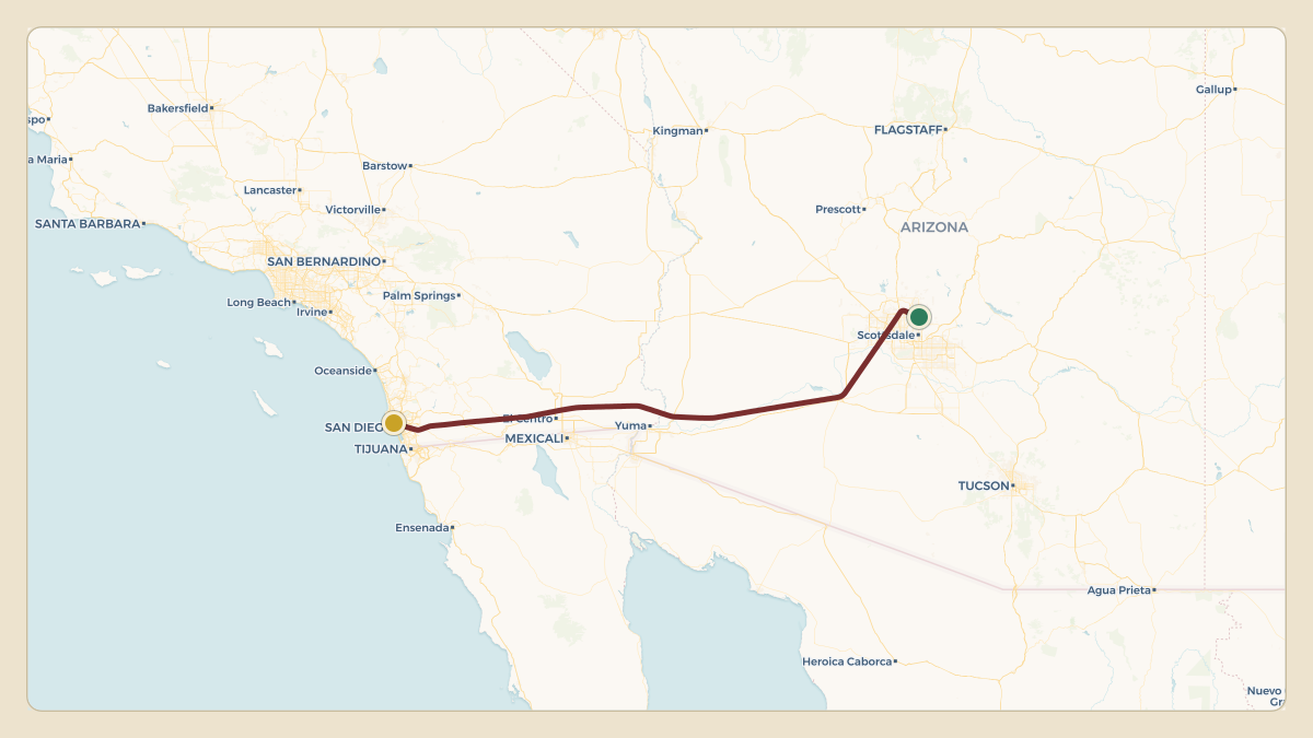 Flight path for Discount Tire's N800BD from KSDL — Scottsdale Airport to KSAN — San Diego International Airport