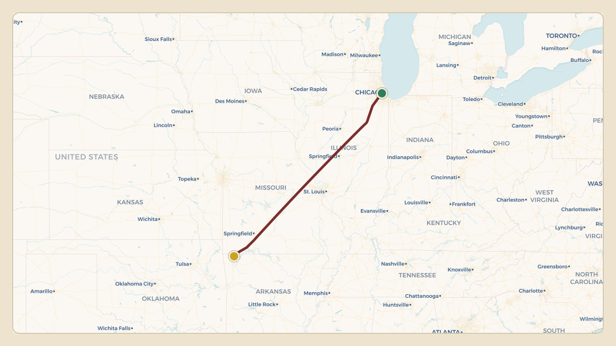 Flight path for Walmart's N383PA from KMDW — Chicago Midway International Airport to KROG — Rogers Municipal Airport-Carter Field