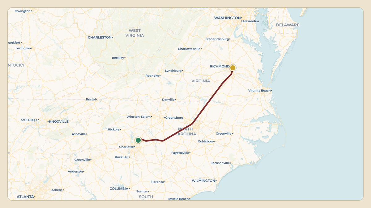 Flight path for Denny Hamlin's N400DH from KJQF — Concord-Padgett Regional Airport to KRIC — Richmond International Airport