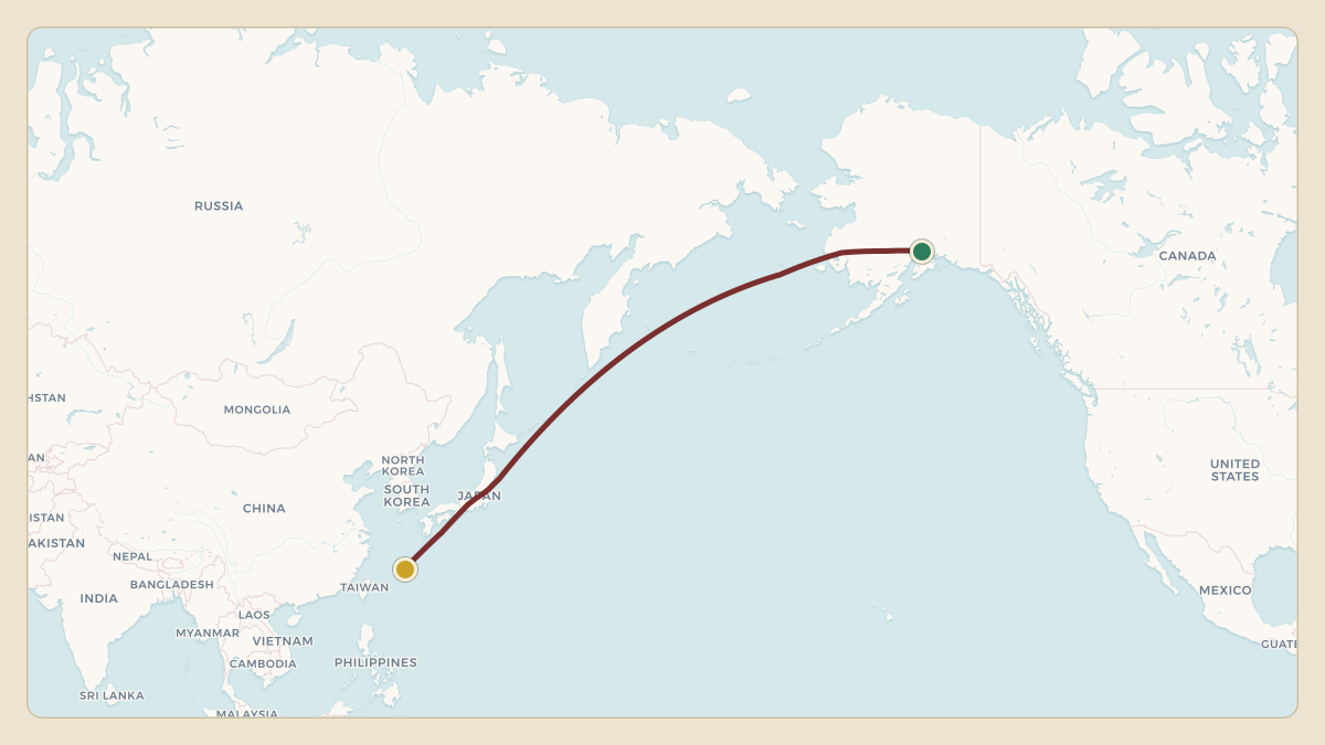 Flight path for Mitch Kapor's N700MK from PANC — Ted Stevens Anchorage International Airport to ROAH — Naha International Airport