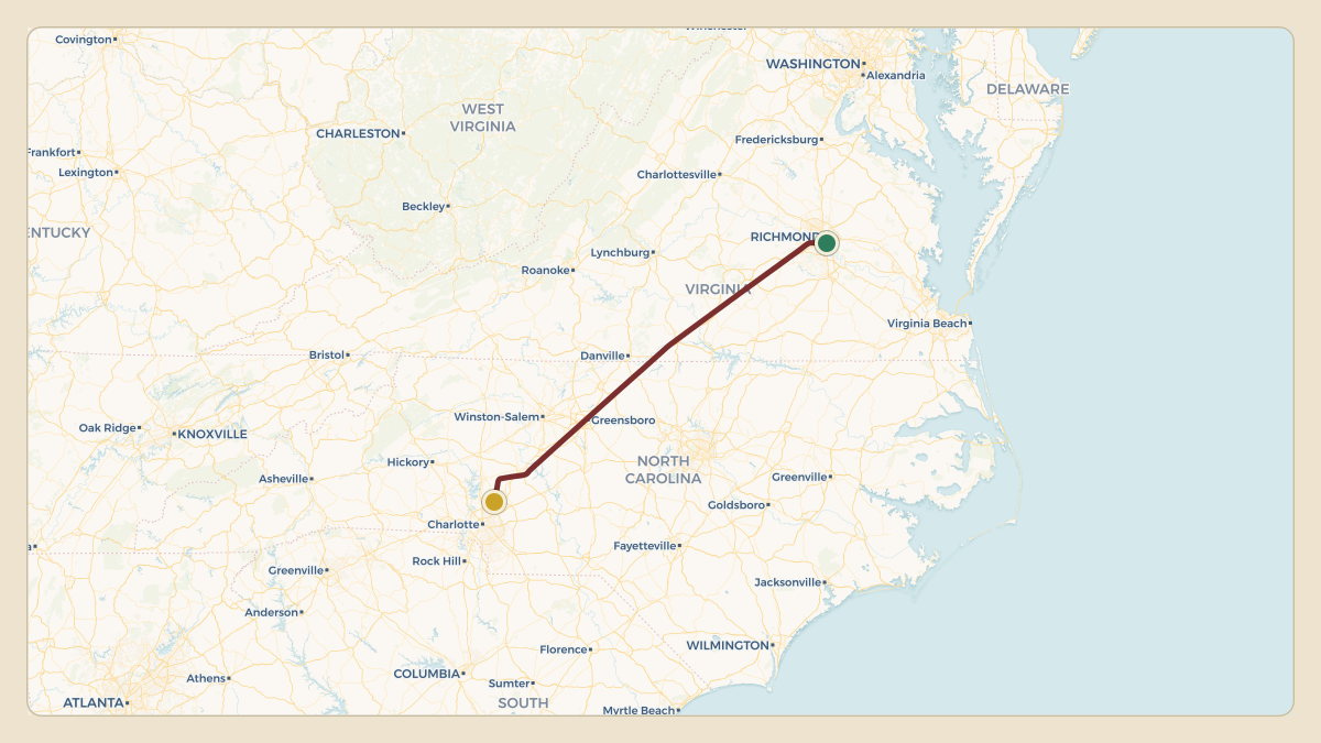 Flight path for Rick Hendrick's N508RH from KRIC — Richmond International Airport to KJQF — Concord-Padgett Regional Airport