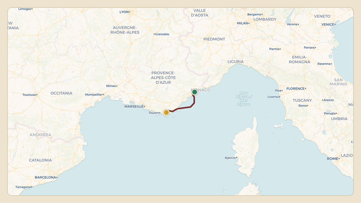 Flight path for Len Blavatnik's N761LE from LFMN — Nice-Côte d'Azur Airport to LFTH — Toulon-Hyères Airport