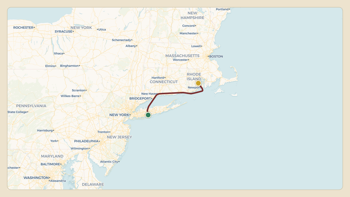 Flight path for James Dolan's N5465M from KFRG — Republic Airport to KOQU — Quonset State Airport