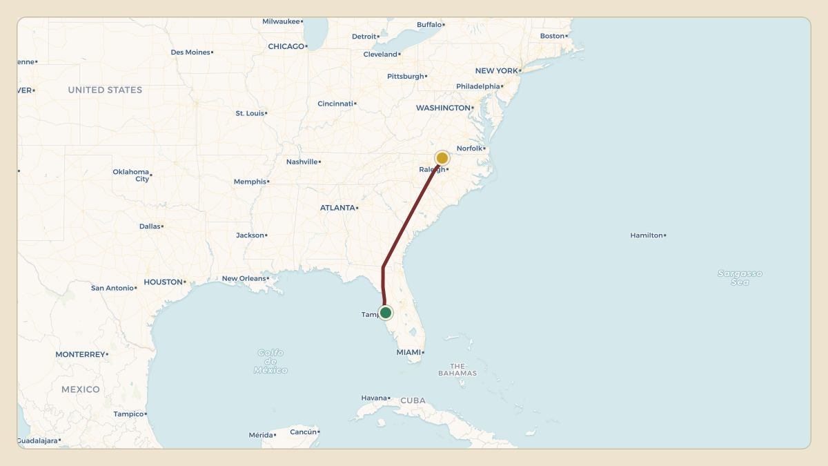 Flight path for Bob Basham's N828ML from KTPA — Tampa International Airport to KTDF — Raleigh Regional Airport at Person County