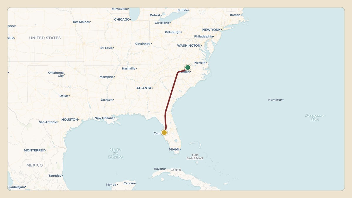 Flight path for Bob Basham's N828ML from KTDF — Raleigh Regional Airport at Person County to KTPA — Tampa International Airport
