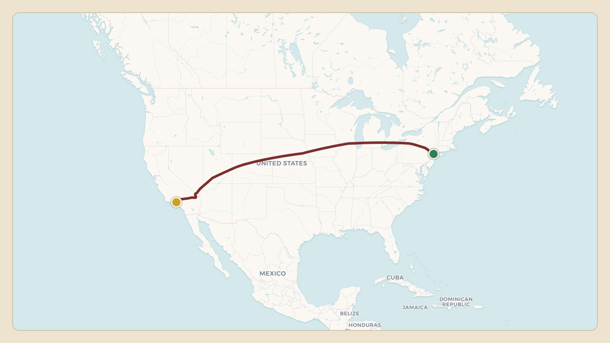 Flight path for Steve Tisch's N18NY from KTEB — Teterboro Airport to KVNY — Van Nuys Airport