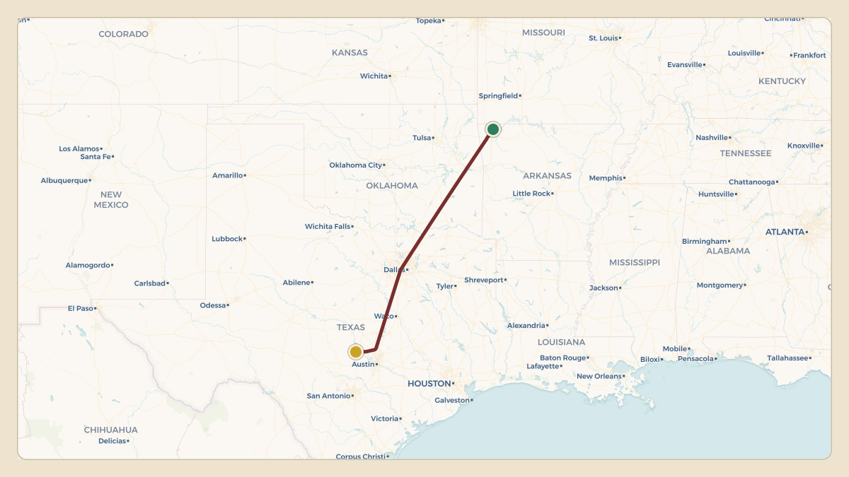Flight path for Walmart's N383PA from KROG — Rogers Municipal Airport-Carter Field to KDZB — Horseshoe Bay Resort Airpark