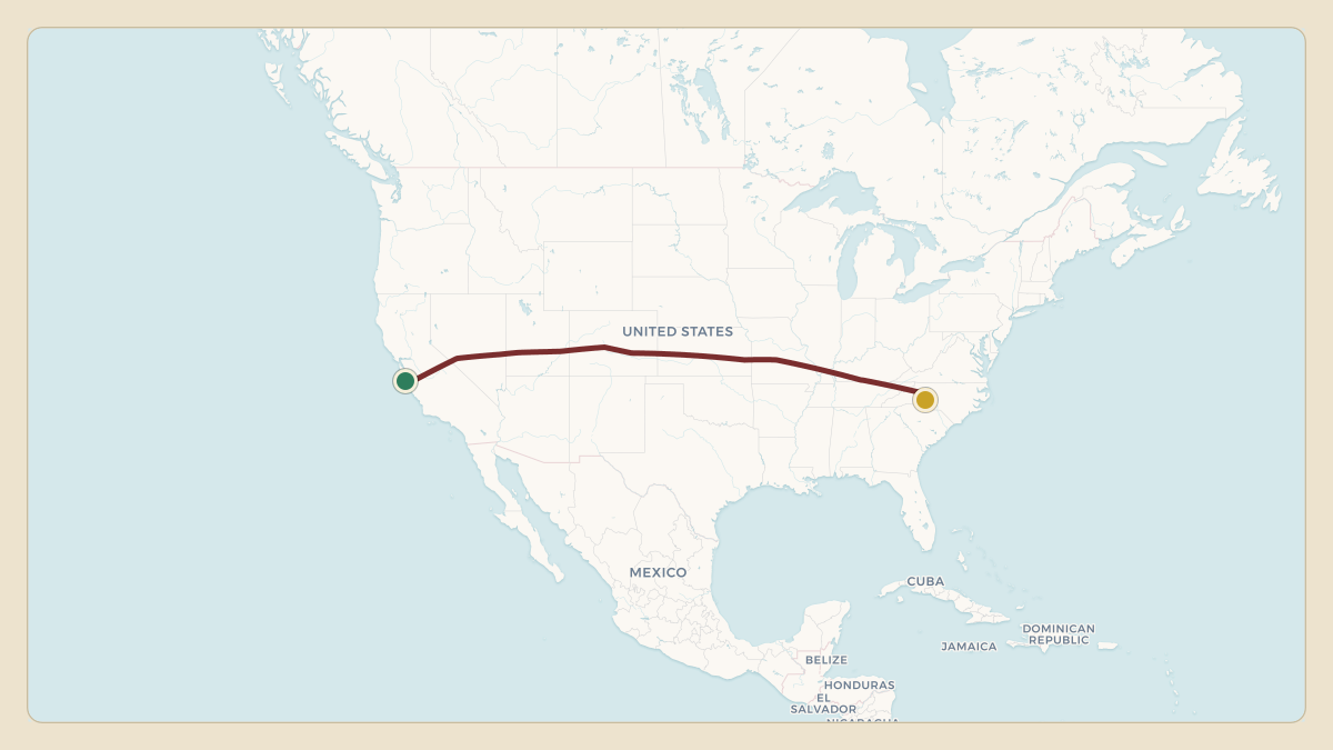 Flight path for Rick Hendrick's N1RH from KMRY — Monterey Regional Airport to KJQF — Concord-Padgett Regional Airport