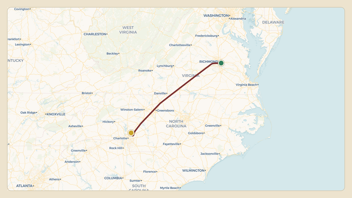Flight path for Denny Hamlin's N400DH from KRIC — Richmond International Airport to KJQF — Concord-Padgett Regional Airport