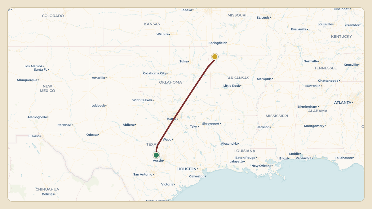 Flight path for Walmart's N383PA from 2XS1 — Harris Ranch Airport to KROG — Rogers Municipal Airport-Carter Field
