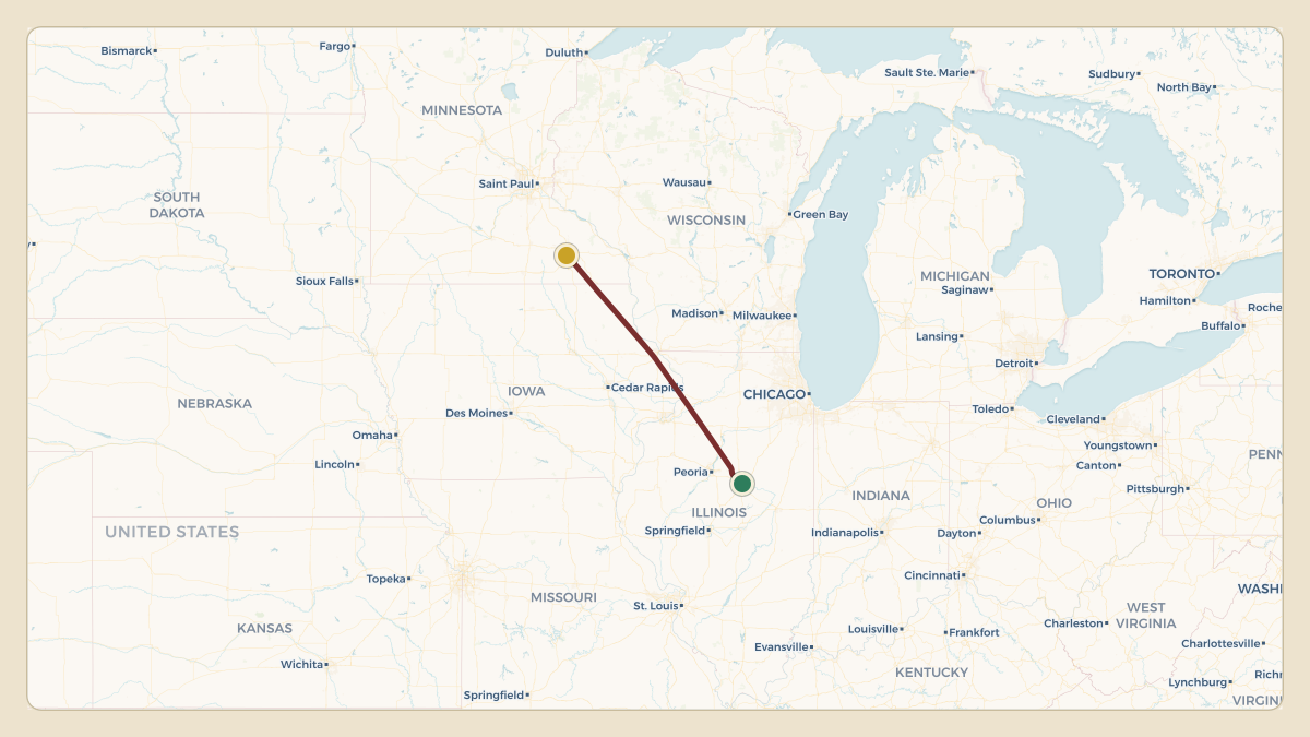 Flight path for State Farm's N43SF from KBMI — Central Illinois Regional Airport at Bloomington-Normal to KRST — Rochester International Airport
