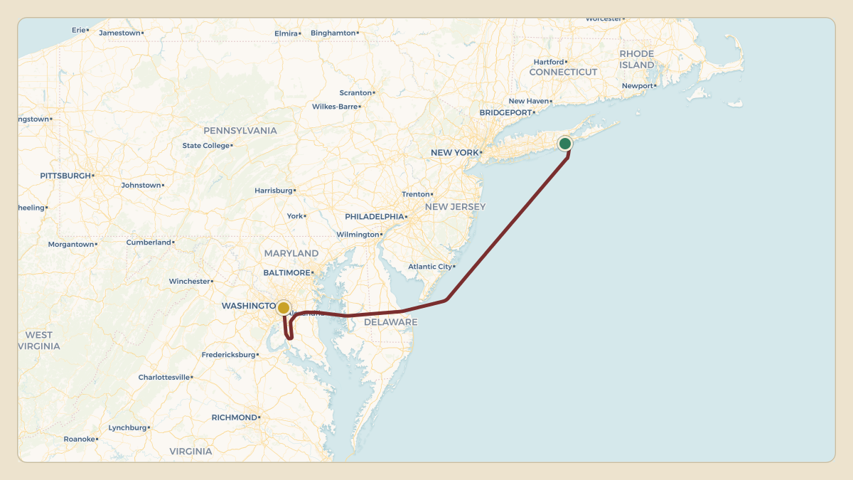 Flight path for Howard Lutnick's N527AH from KFOK — Francis S Gabreski Airport to KDCA — Ronald Reagan Washington National Airport