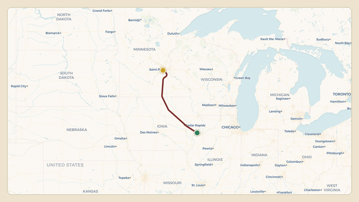 Flight path for Deere & Co's N282JD from KMLI — Quad City International Airport to KMSP — Minneapolis–Saint Paul International Airport / Wold–Chamberlain Field