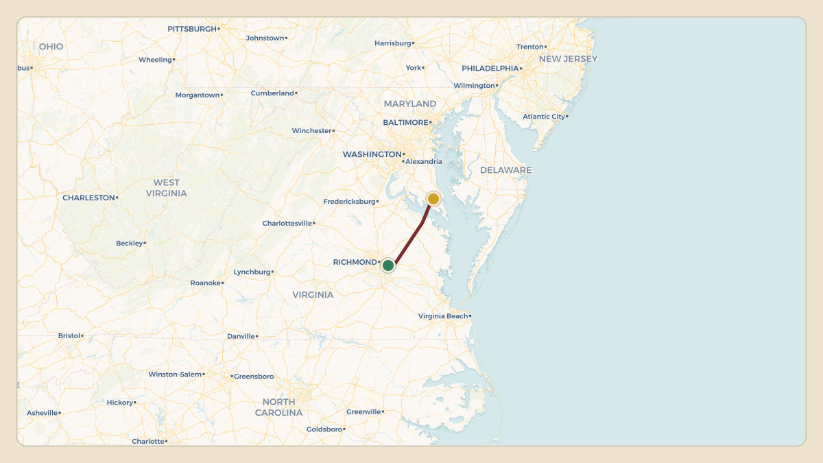 Flight path for Glenn Youngkin's N1VA from KRIC — Richmond International Airport to K2W6 — St. Mary's County Regional Airport