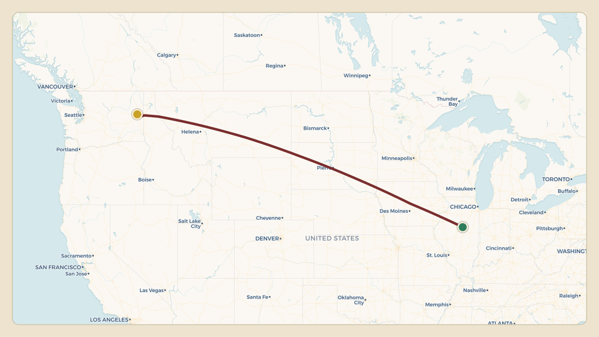 Flight path for State Farm's N44SF from KBMI — Central Illinois Regional Airport at Bloomington-Normal to KGEG — Spokane International Airport