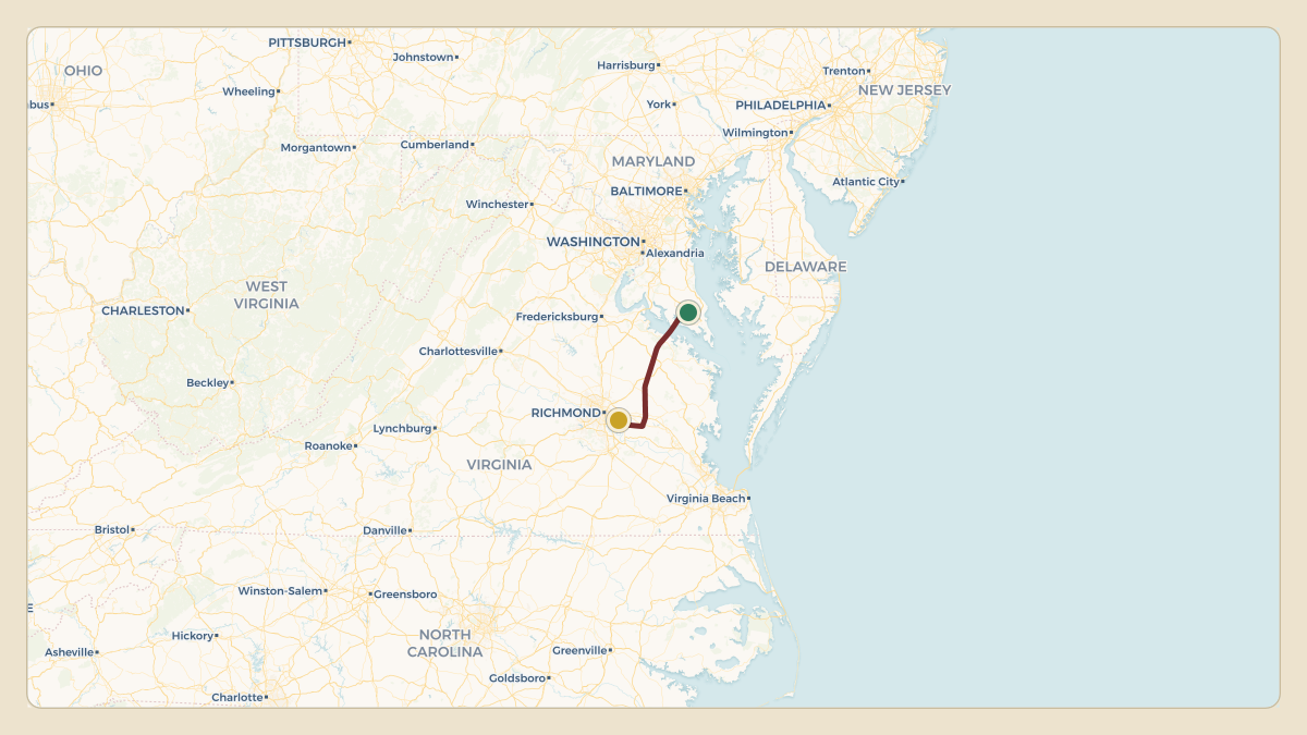 Flight path for Glenn Youngkin's N1VA from K2W6 — St. Mary's County Regional Airport to KRIC — Richmond International Airport