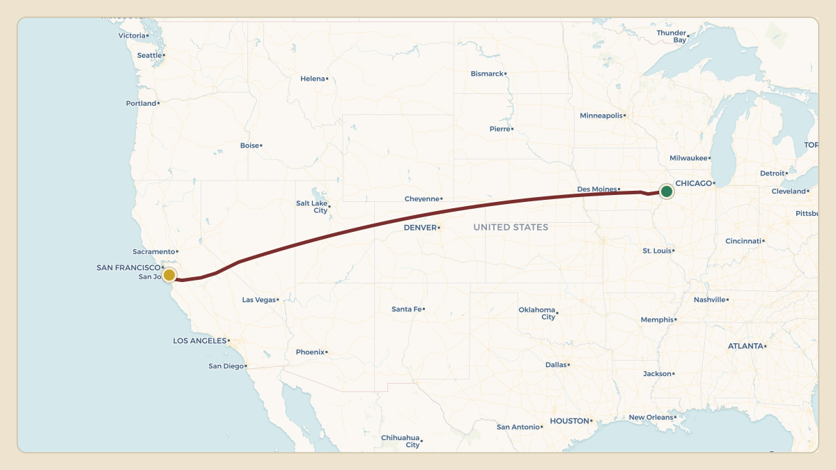 Flight path for Deere & Co's N650JD from KMLI — Quad City International Airport to KSJC — Norman Y. Mineta San Jose International Airport