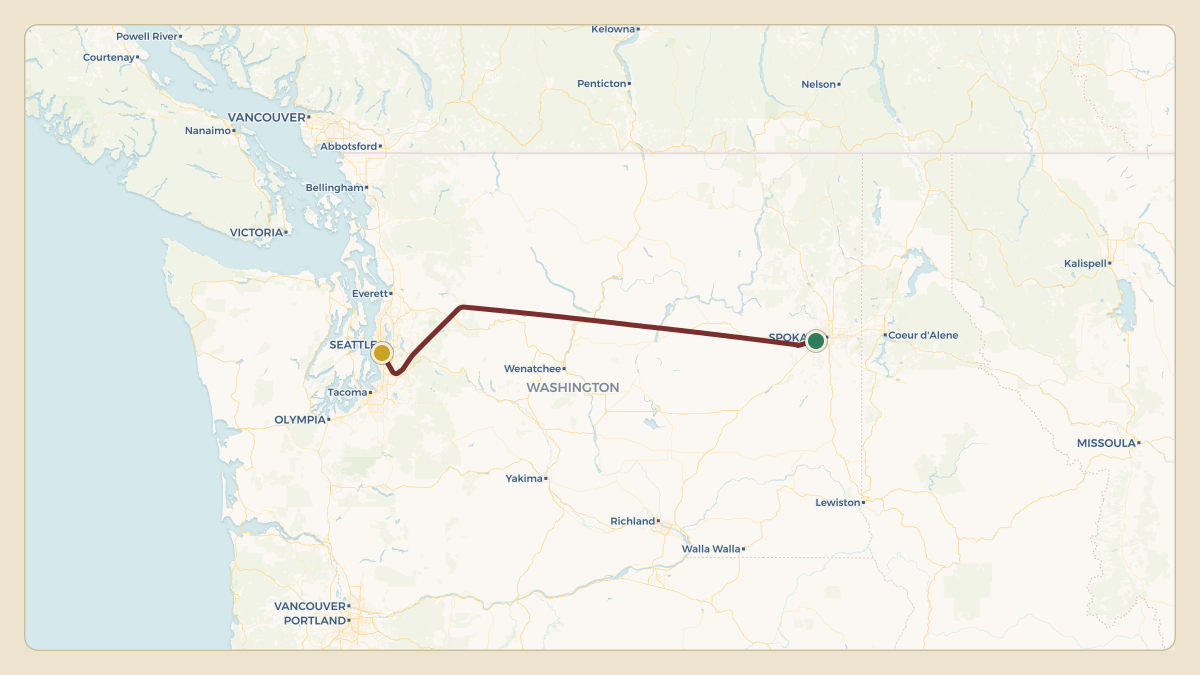 Flight path for State Farm's N44SF from KSFF — Felts Field to KBFI — King County International Airport - Boeing Field