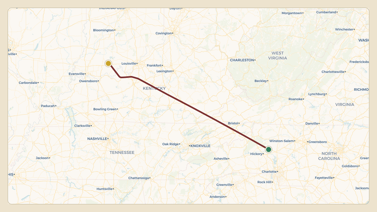Flight path for Dale Earnhardt Jr.'s N38AD from KSVH — Statesville Regional Airport to KHNB — Huntingburg Airport