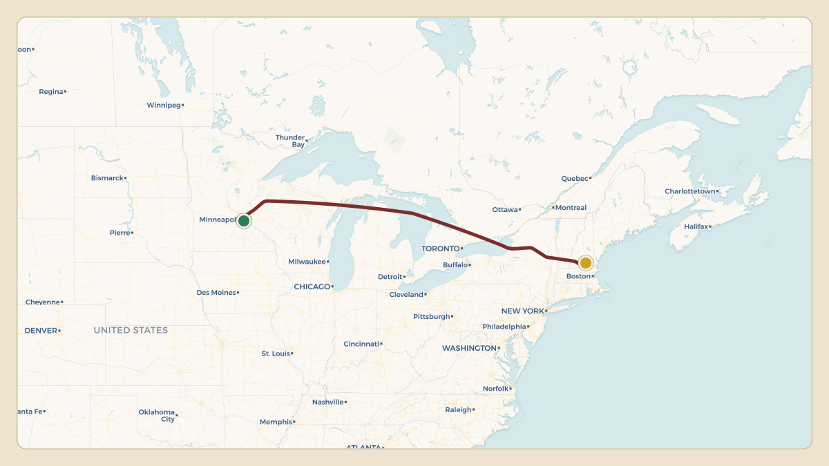 Flight path for Deere & Co's N282JD from KMSP — Minneapolis–Saint Paul International Airport / Wold–Chamberlain Field to KMHT — Manchester-Boston Regional Airport