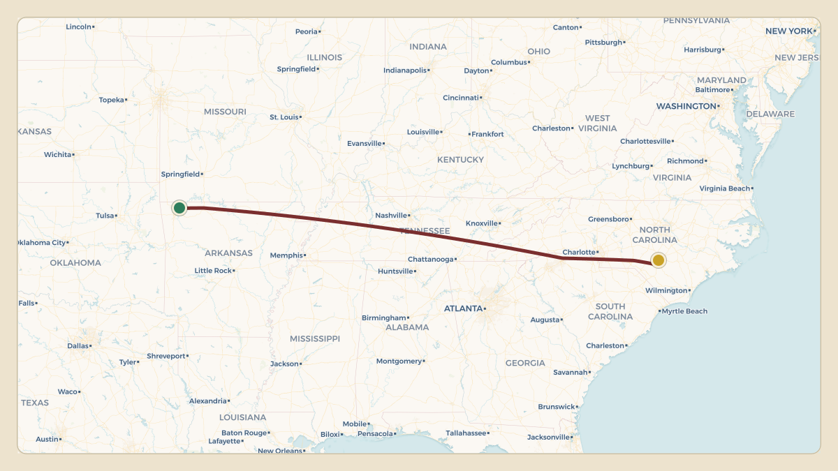 Flight path for Walmart's N383PA from KVBT — Bentonville Municipal-Louise M Thaden Field to KFAY — Fayetteville Regional Airport - Grannis Field