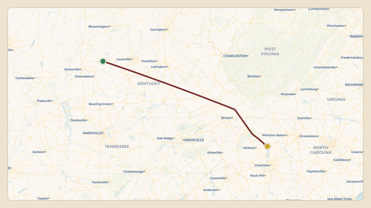 Flight path for Dale Earnhardt Jr.'s N38AD from KHNB — Huntingburg Airport to KSVH — Statesville Regional Airport