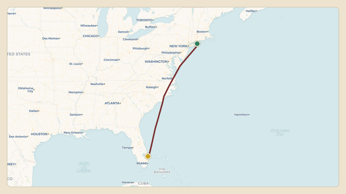 Flight path for Howard Lutnick's N527AH from 3NY8 — Calverton Executive Airpark to KPBI — Palm Beach International Airport