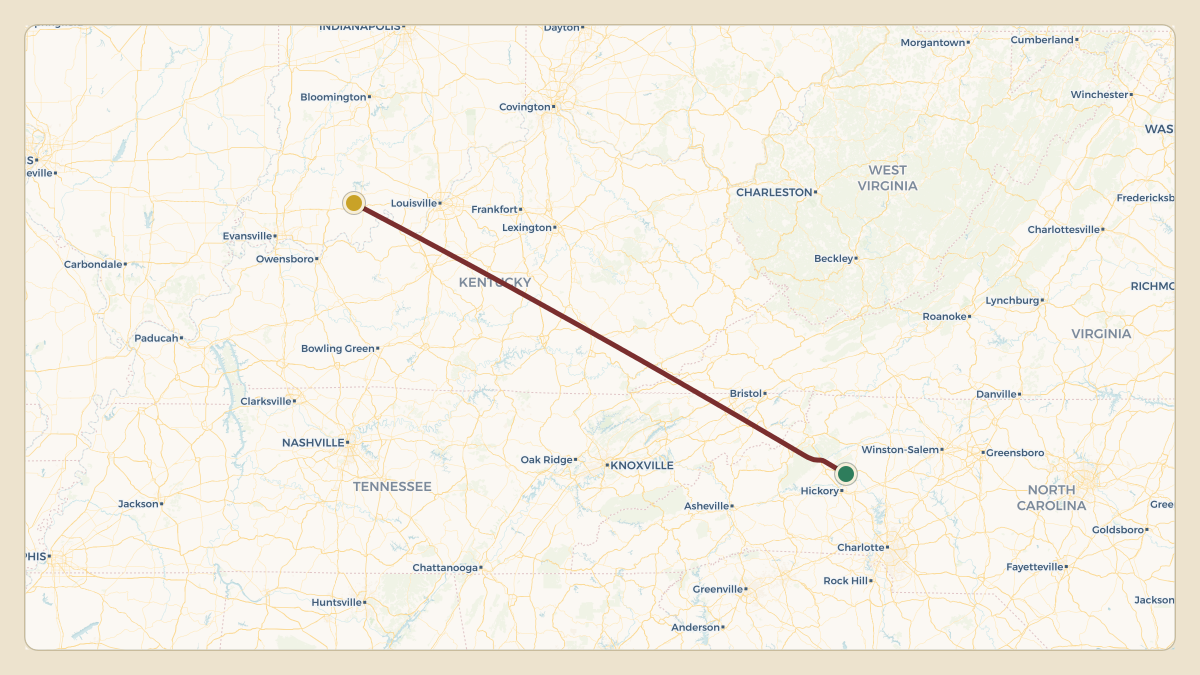 Flight path for Dale Earnhardt Jr.'s N38AD from KHKY — Hickory Regional Airport to KHNB — Huntingburg Airport