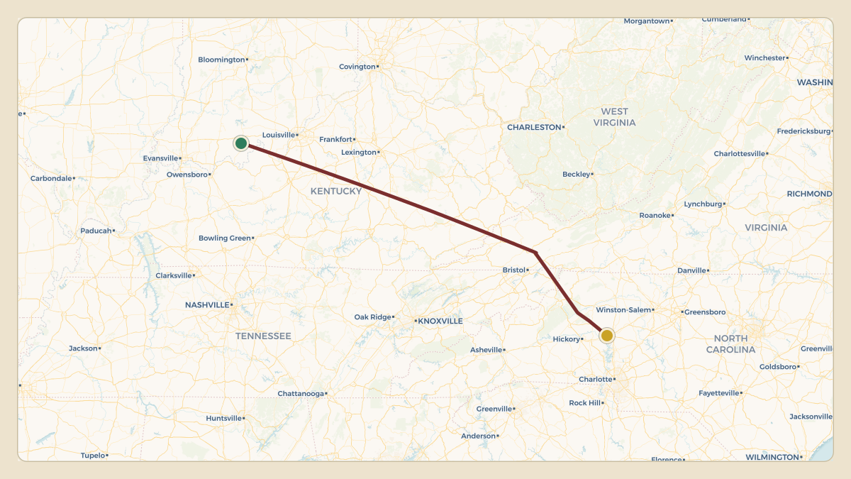 Flight path for Dale Earnhardt Jr.'s N38AD from KHNB — Huntingburg Airport to KSVH — Statesville Regional Airport