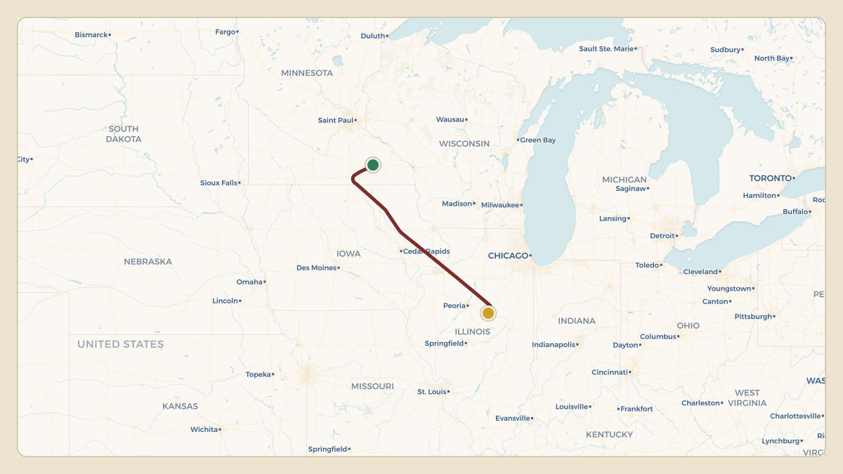 Flight path for State Farm's N43SF from KRST — Rochester International Airport to KBMI — Central Illinois Regional Airport at Bloomington-Normal