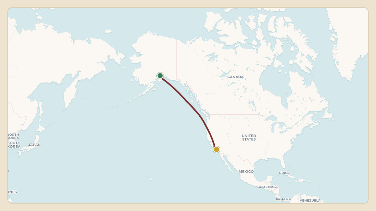 Flight path for Dr. Charles Huang's N889KH from PANC — Ted Stevens Anchorage International Airport to KVNY — Van Nuys Airport