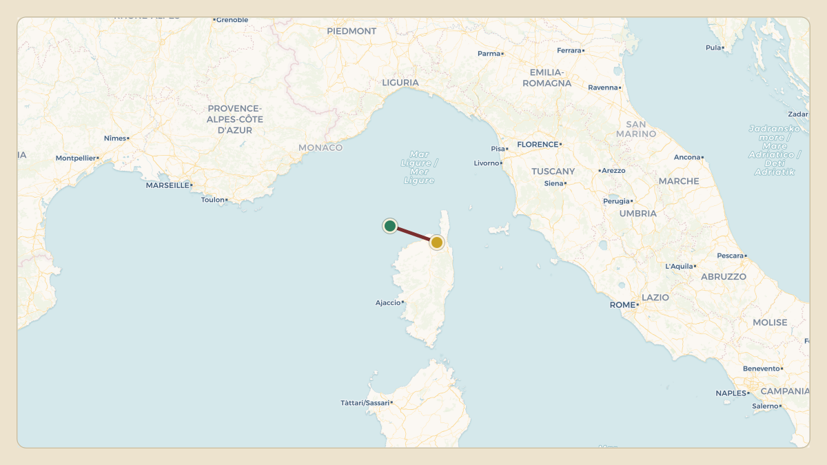 Flight path for Rodolphe Saade's OE-LYS from LFKC — Calvi Sainte Catherine Airport to LFKB — Bastia-Poretta International airport