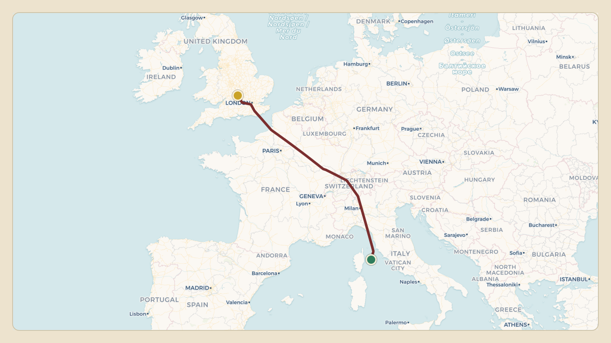 Flight path for Lawrence Stroll's OE-LSS from LIEO — Olbia Costa Smeralda Airport to EGVN — RAF Brize Norton
