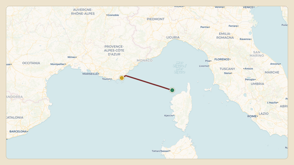 Flight path for Rodolphe Saade's OE-LYS from LFKC — Calvi Sainte Catherine Airport to LFTH — Toulon-Hyères Airport