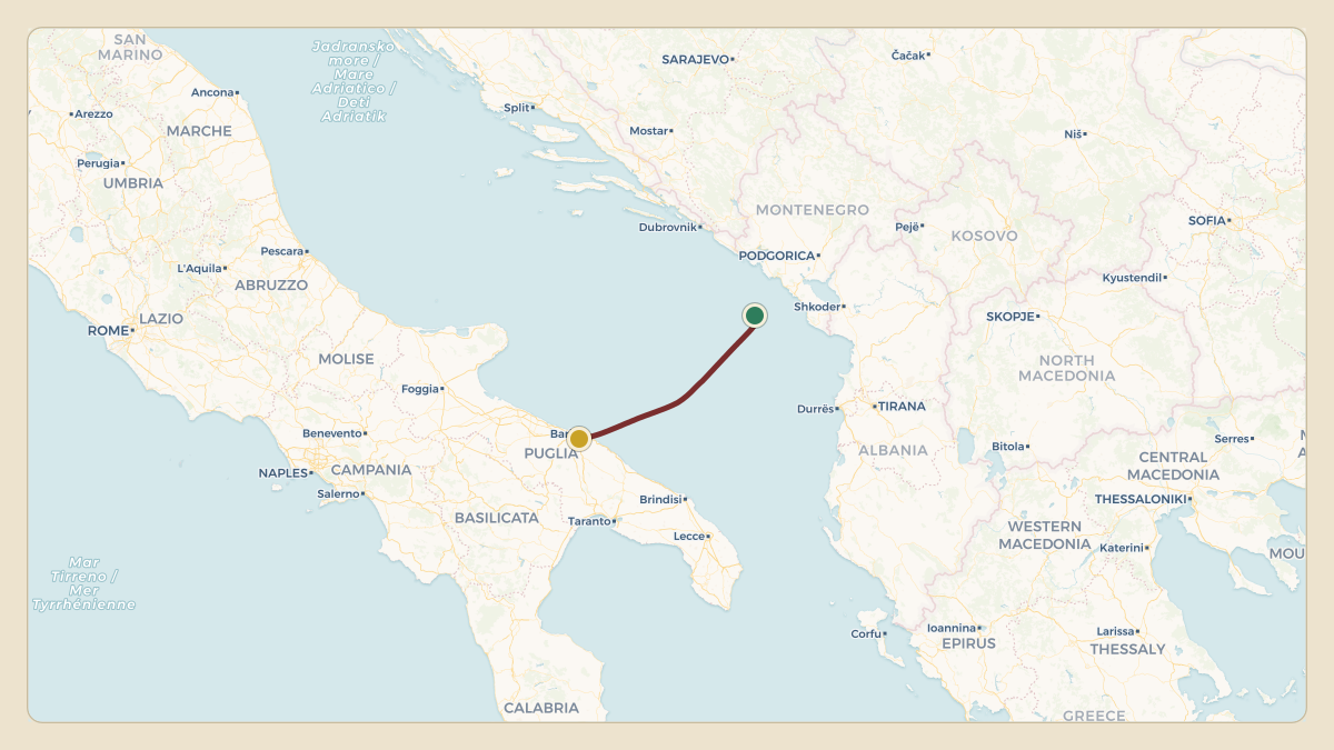 Flight path for J Balvin's 9H-JBJ from LDDU — Dubrovnik Ruđer Bošković Airport to LIBD — Bari Karol Wojtyła International Airport