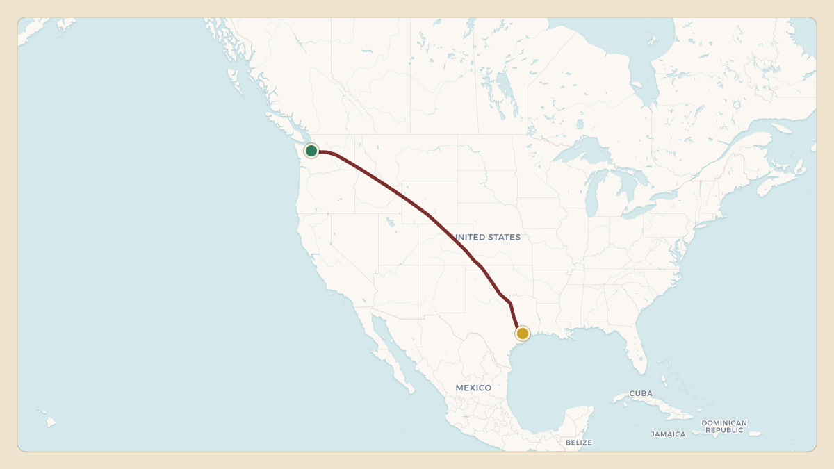 Flight path for Costco Wholesale's N82CW from KBFI — King County International Airport - Boeing Field to KSGR — Sugar Land Regional Airport