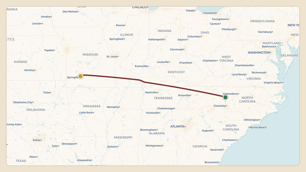 Flight path for Dale Earnhardt Jr.'s N38AD from KSVH — Statesville Regional Airport to KSGF — Springfield Branson National Airport