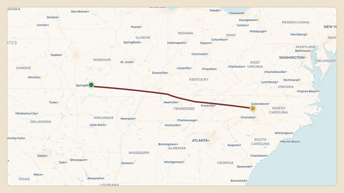 Flight path for Dale Earnhardt Jr.'s N38AD from KSGF — Springfield Branson National Airport to KSVH — Statesville Regional Airport