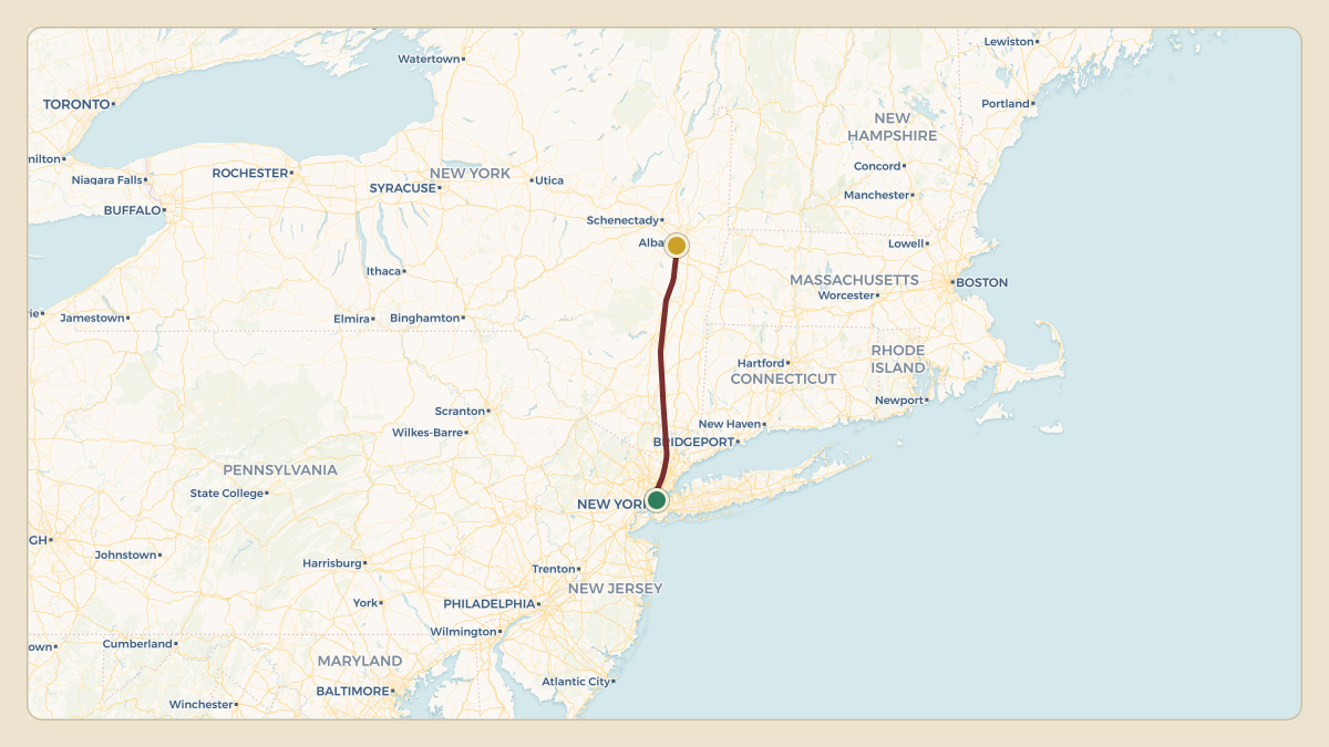 Flight path for Kathy Hochul's N761NY from 6N7 — New York Skyports Inc Seaplane Base to 4B0 — South Albany Airport
