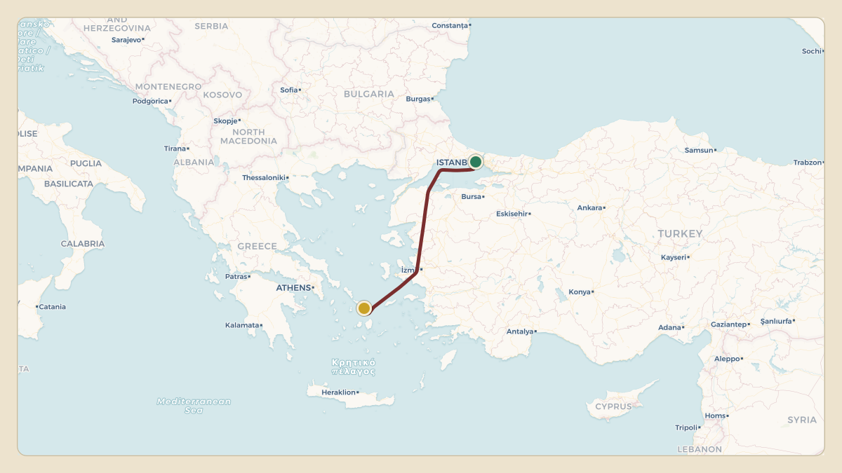 Flight path for Len Blavatnik's N761LE from LTBA — İstanbul Atatürk Airport to LGMK — Mykonos Island National Airport