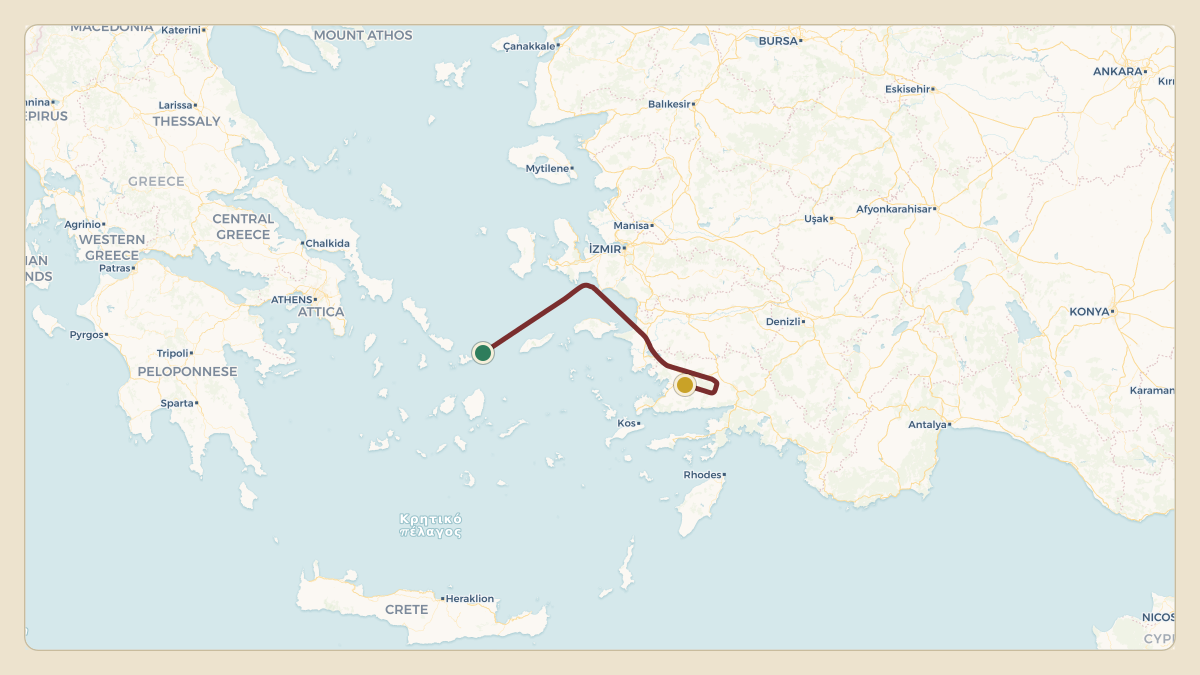 Flight path for Len Blavatnik's N761LE from LGMK — Mykonos Island National Airport to LTFE — Milas Bodrum International Airport